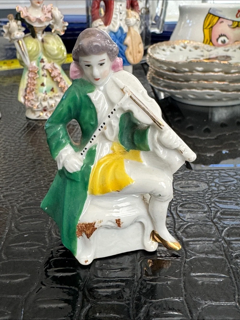Source Unknown Porcelain Figurines in White, Red, Green, Blue, Tan